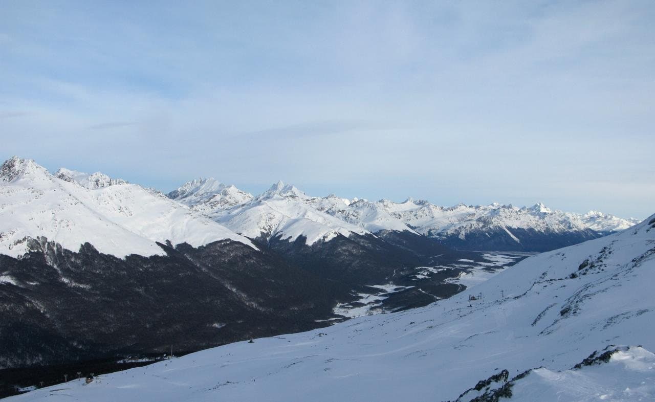 Ski runs at Cerro Castor with the Tierra del Fuego mountains behind
